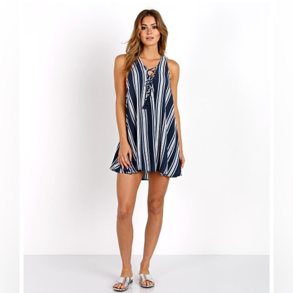 Show Me Your Mumu Rancho Mirage Lace Up Navy Stripe Breeze Coverup Dress Sz Med
